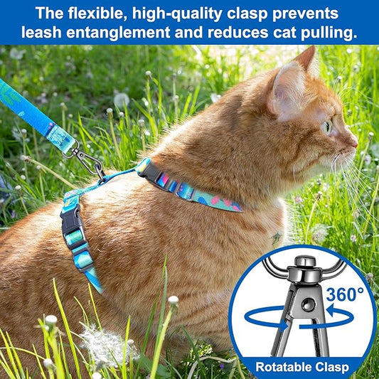 Kaazylab Cat Harness and Leash Set with Matching Collar – Escape Proof Harness for Cats, Adjustable & Lightweight, Tropical Hawaiian Leaf Print, Easy Wear for Outdoor Walking & Training