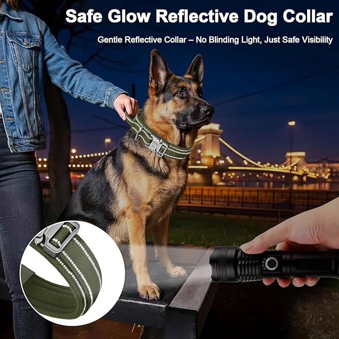 KCUCOP Heavy Duty Tactical Dog Collar and Leash Set, Military Training Nylon Reflective Collar with Handle Metal Buckle for Medium Large Dogs, Green, M (1 Patch Included)