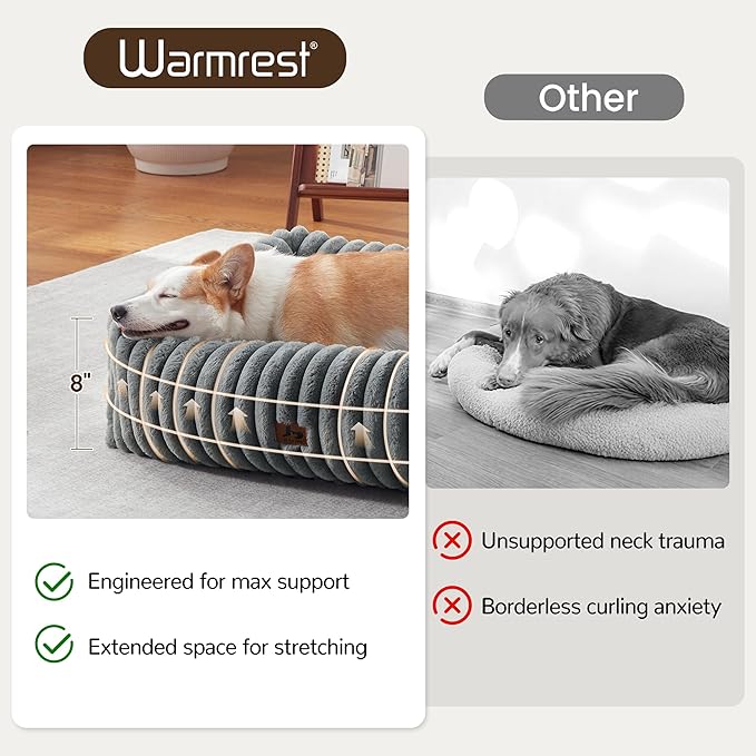Warmrest Washable Dog Bed for Small Medium Dogs - Rectangle Orthopedic Corduroy Fleece Pet Bed with Removable Cover and Nonskid Bottom, Calming Puppy Bed Soft Pet Sofa, Grey(30x24x8inchs)