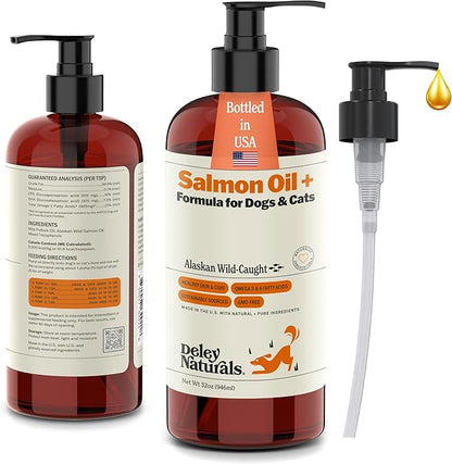 Deley Naturals Wild Alaskan Salmon Oil for Dogs & Cats - New & Improved Salmon Oil Plus Formula - Fish Oil for Dogs with DHA EPA Omega 3 & 6 Fatty Acids - Omega 3 for Skin & Coat - 32oz Made in USA