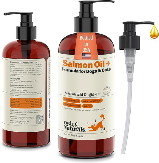 Deley Naturals Wild Alaskan Salmon Oil for Dogs & Cats - New & Improved Salmon Oil Plus Formula - Fish Oil for Dogs with DHA EPA Omega 3 & 6 Fatty Acids - Omega 3 for Skin & Coat - 32oz Made in USA