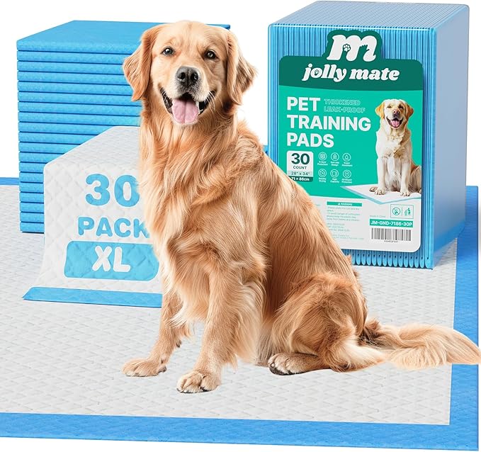 JollyMate 28"x34" Dog Pee Pads Extra Large, 30 Pack X-Large Super Absorbent Pet Pee Pads with Adhesive Tabs, 6 Layers Thick Leak-Proof Potty Pads for Dogs and Puppies
