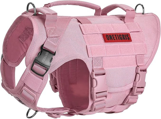 OneTigris Large Tactical Dog Harness, No Pulling Adjustable Dog Vest Harness, Heavy Duty Dog Harness with Handle, Large Hook and Loop Panels for Patch(Pink,S)