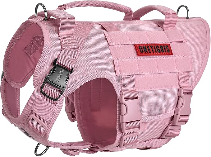 OneTigris Large Tactical Dog Harness, No Pulling Adjustable Dog Vest Harness, Heavy Duty Dog Harness with Handle, Large Hook and Loop Panels for Patch(Pink,L)