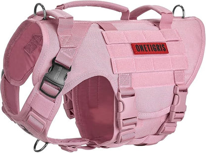 OneTigris Large Tactical Dog Harness, No Pulling Adjustable Dog Vest Harness, Heavy Duty Dog Harness with Handle, Large Hook and Loop Panels for Patch(Pink,L)