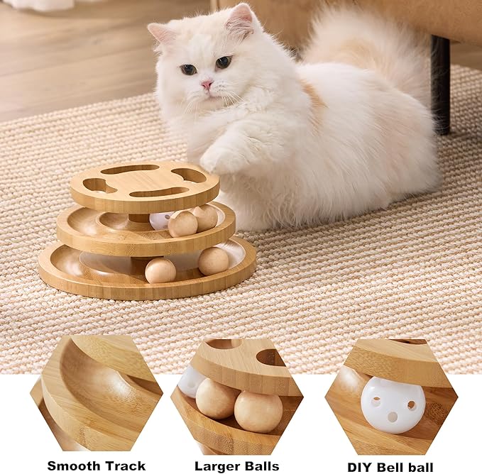 ZOMISIA Cat Ball Track Toy with Puzzle Top and DIY Bell, Wooden Cat Toys for Indoor Cats, Interactive Kitty Ball Tower for Kitten Exercise Mental Physical