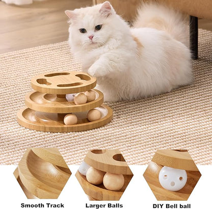 ZOMISIA Cat Ball Track Toy with Puzzle Top and DIY Bell, Wooden Cat Toys for Indoor Cats, Interactive Kitty Ball Tower for Kitten Exercise Mental Physical