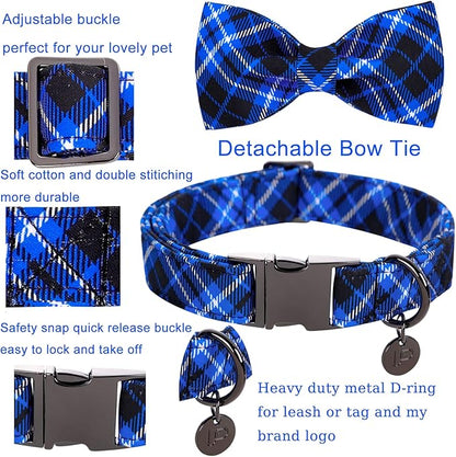 Dog Collar with Bow Tie, Cotton Dog Bowtie Collar for X-Large Girl Boy Dog, Holiday Blue Dog Collar with Durable Metal Buckle, Cute Plaid Pet Collar, XL