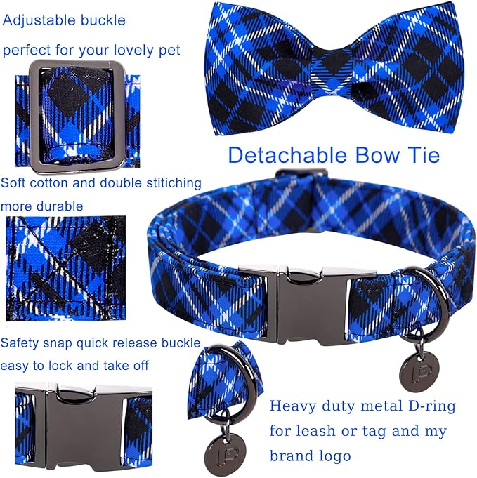 Dog Collar With Bow Tie, Cotton Bowtie for Small Girl Boy Dogs, Holiday Blue With Durable Metal Buckle, Cute Plaid Pet Collar, S