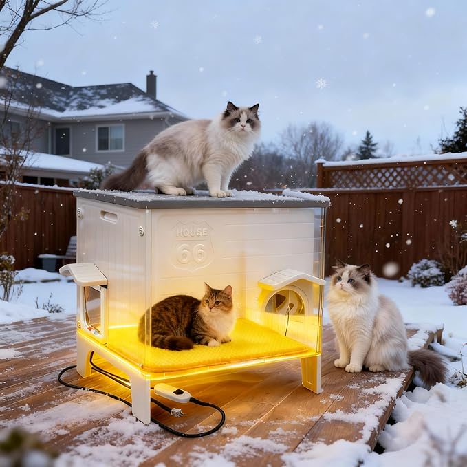 Weatherproof Outdoor Heated Cat House for Feral Cat, Plastic Elevated Cat Shelter with Escape Door, Easy Assemble, Expansive Interior‌ Grey 22.0" L x 21.0" W x 16.0" H