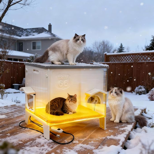 Weatherproof Outdoor Heated Cat House for Feral Cat, Plastic Elevated Cat Shelter with Escape Door, Easy Assemble, Expansive Interior‌ Grey 22.0" L x 21.0" W x 16.0" H