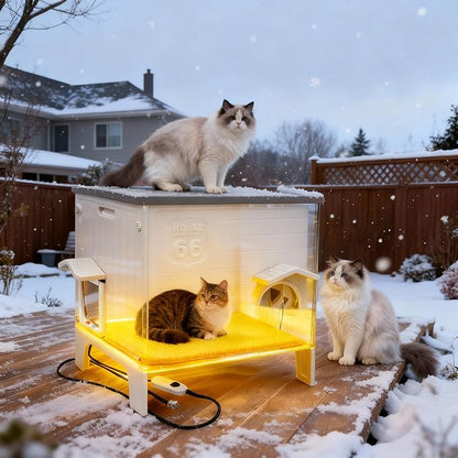 Weatherproof Outdoor Heated Cat House for Feral Cat, Plastic Elevated Cat Shelter with Escape Door, Easy Assemble, Expansive Interior‌ Grey Large 27.0" L x 27.0" W x 21.0" H