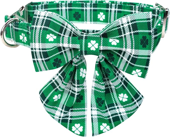 Lionet Paws St Patricks Day Dog Collar with Bowtie, Irish Green Shamrock Clover Sailor Bow Collar with Metal Buckle for Dogs, Adjustable Cute Dog Collar Girl, M, Neck 13.5-22 in