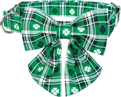 Lionet Paws St Patricks Day Dog Collar with Bowtie, Irish Green Shamrock Clover Sailor Bow Collar with Metal Buckle for Dogs, Adjustable Cute Dog Collar Girl, M, Neck 13.5-22 in