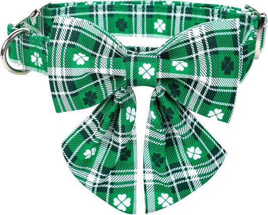Lionet Paws St Patricks Day Dog Collar with Bowtie, Irish Green Shamrock Clover Sailor Bow Collar with Metal Buckle for Dogs, Adjustable Cute Dog Collar Girl, L, Neck 16-24 in