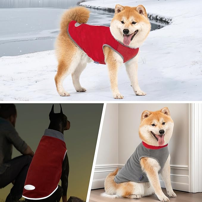 cyeollo 2 Pack Dog Sweater Sweatshirt Stretchy Soft Fleece Vest Pullover with Reflective Stripe Dog Jacket Lightweight Pet Clothes for Medium Dogs Grey & Red