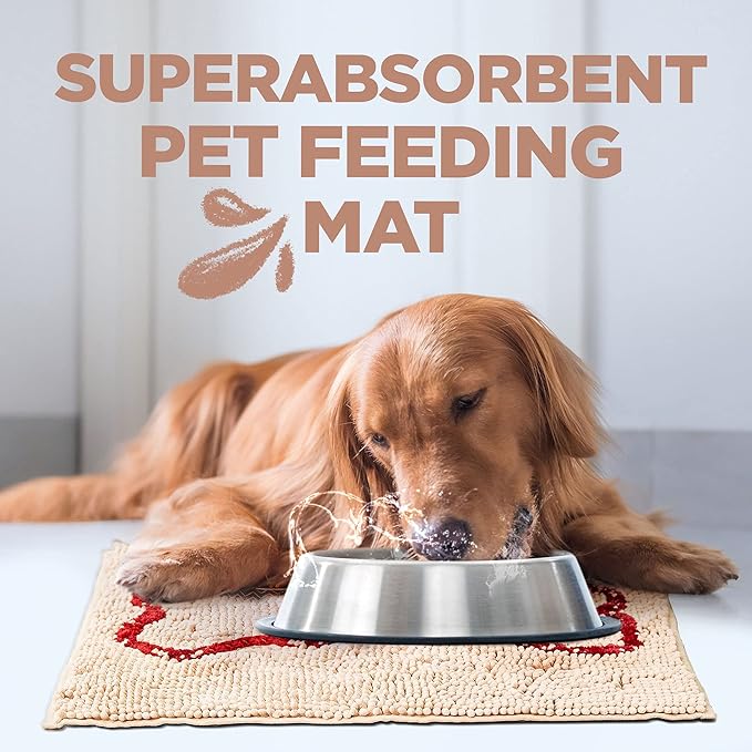 Soggy Doggy Slopmat - Beige/Red Bone - 18” x 24″ - Water Absorbing Door Mat for Muddy Paws and Food/Water Bowls - Microfiber Chenille Small Doormat - Machine Washable
