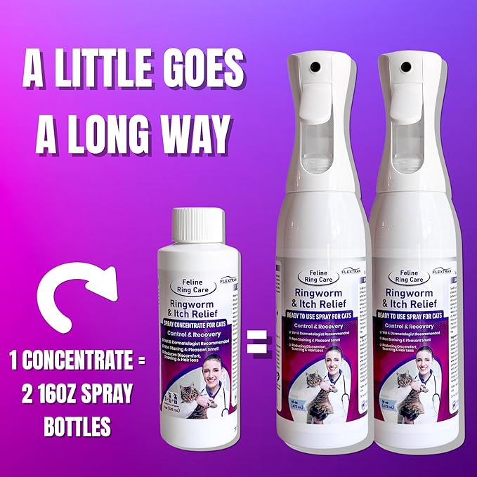 Feline Ring Care | Control & Help with Cat Ringworm, Mange, Dermatitis, Itchy Skin, Dog Paw Yeast. Also works on Dogs, Hamsters, Guinea Pigs, Rabbits, etc. Spray for Cats and Itch Relief (Makes 32 oz)