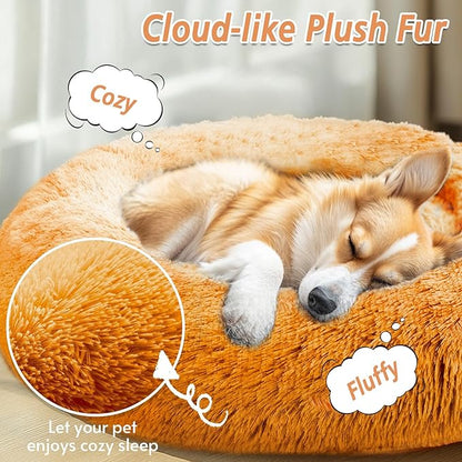JOLLYVOGUE Calming Dog Bed Medium Size Dog, Anti-Anxiety Donut Medium Pet Bed, 31 inches Fluffy Faux Fur Round Cat Bed, Fits up to 45 lbs Pets (Orange)