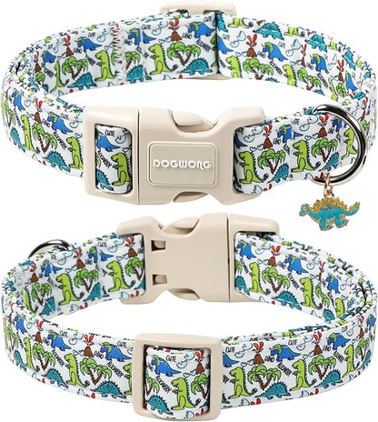 DOGWONG Dinosaur Dog Collar-Cute Green Dinosaur Dog Collar for Small Dogs, Adjustable Comfortable Cotton Boy Dog Collars for Small Medium Large Dogs,XS