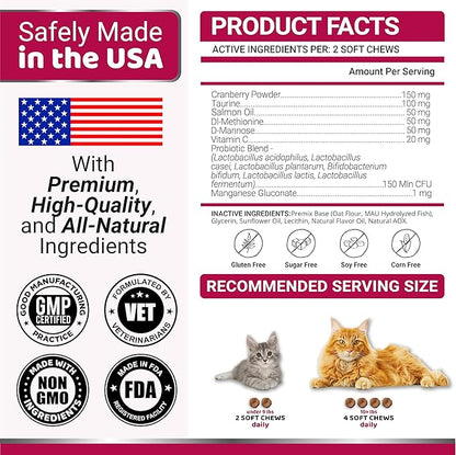Cat Urinary Tract Health - Cranberry Supplement for Cats - Promotes Healthy Digestion & Normal Bladder Function - Probiotics - Vitamins and Food Supplements - Immune & Multivitamin Support Chews
