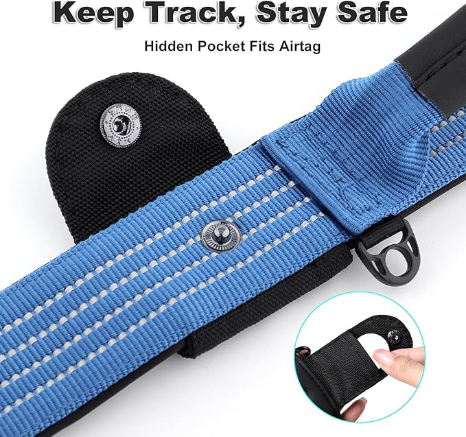 Plutus Pet Tactical Dog Collar with Tracker Pocket for AirTag, Adjustable Reflective Nylon Collar, Metal Buckle, Leather-Wrapped Handle, Soft Padded for Medium Large Dogs (Blue, M)
