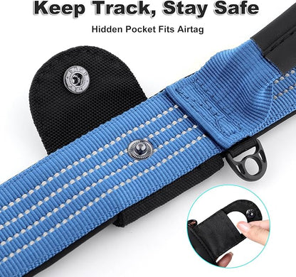 Plutus Pet Tactical Dog Collar with Tracker Pocket for AirTag, Adjustable Reflective Nylon Collar, Metal Buckle, Leather-Wrapped Handle, Soft Padded for Medium Large Dogs (Blue, S)