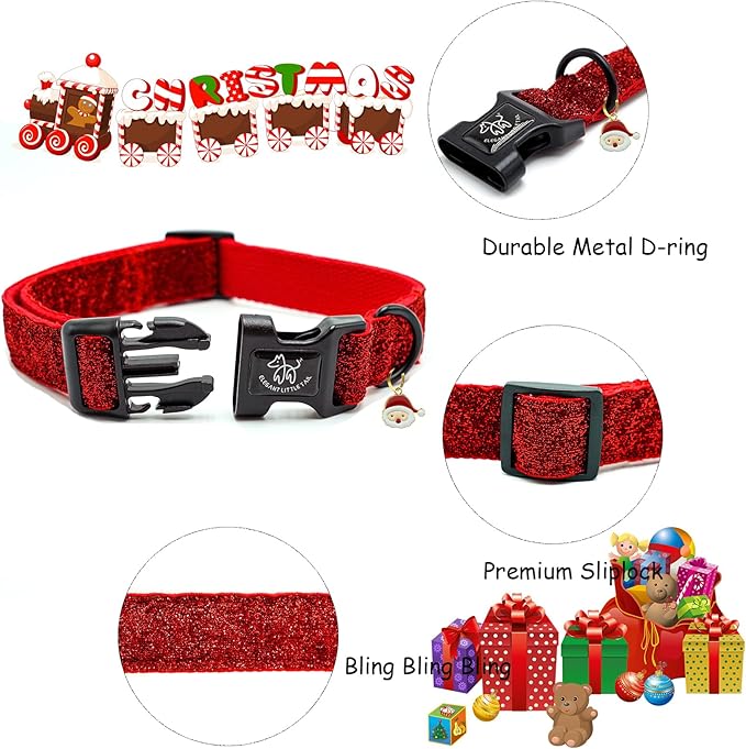 Elegant little tail Glittering Dog Collar, Christmas Cute Girl Boy Pet Collar Winter Red Bling Pet Collars with Durable Cotton Webbing Adjustable Dog Collars for X-Small Puppy