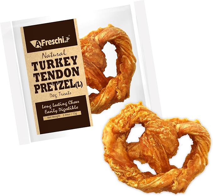A Freschi srl Turkey Tendons for Dogs, USA-Sourced, Healthy Dog Treats, Rawhide-Free Puppy Chews, Long Lasting, All Natural, Hypoallergenic Dog Treats for Large Breeds, 1 Count Pack Pretzel (L)