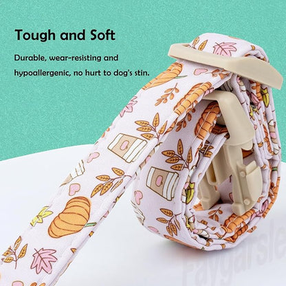Faygarsle Fall Pumpkin and Leaves Pattern Dog Collar with Charm, Adjustable Pet Neckwear, Pink and Orange for Small Medium Large Dogs XS
