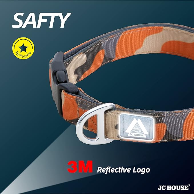 Soft Padded Dog Collar, Neck 12’’-20’’, Adjustable Heavy Duty Collar with 3M Reflective Logo for Medium, Large Dogs, Camo Orange, M