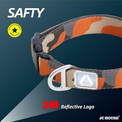 Soft Padded Dog Collar, Neck 16’’-25’’, Adjustable Heavy Duty Collar with 3M Reflective Logo for Medium, Large Dogs, Camo Orange, L