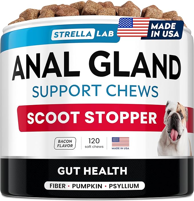 STRELLALAB Anal Gland Support Chews - Scoot Treatment - Digestive Enzymes, Prebiotics & Fiber Supplement for Dogs Digestion & Gut Health. Proprietary Blend of Beet, Psyllium, Dandelion & Pumpkin 120Ct