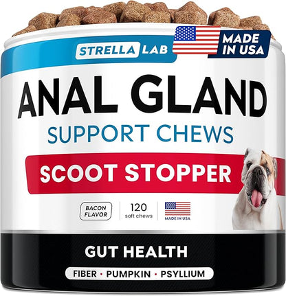 STRELLALAB Anal Gland Support Chews - Scoot Treatment - Digestive Enzymes, Prebiotics & Fiber Supplement for Dogs Digestion & Gut Health. Proprietary Blend of Beet, Psyllium, Dandelion & Pumpkin 120Ct