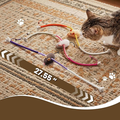 PURETOY Cat Chew Ropes with Catnip Mice, 3Pcs Cat Chew Toys for Kitten/Large Cats Enrichment, 3-in-1 Catnip Toys Mouse & Strong Braided Ropes & Gall Fruits, Cats Teething Toys