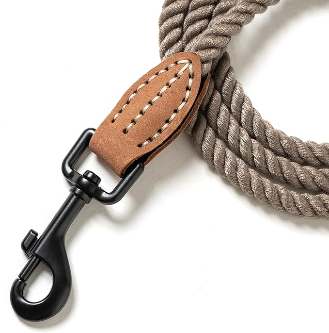 Mile High Life Dog Leash, Braided Cotton Rope Leashes with Leather Tip - Heavy Duty Metal Clasp, 4FT, 1/3" Thick - Wedding, Walking Leash for Small Medium Dogs(Camel)