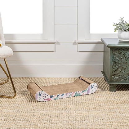 The LICKER Store CSR1003A Rini 23.75" Modern Cardboard Lounge Bed Cat Scratcher with Built-in Bell Toys and Catnip, White/Multi
