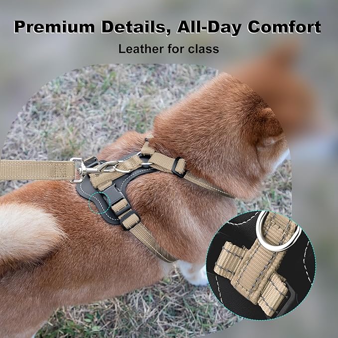 Plutus Pet Adjustable No Pull Dog Harness with Leather Accents, Heavy Duty Reflective Nylon Vest for Training, Hiking, Easy Walk Harness for Small, Medium, Large Dogs (Beige, S)