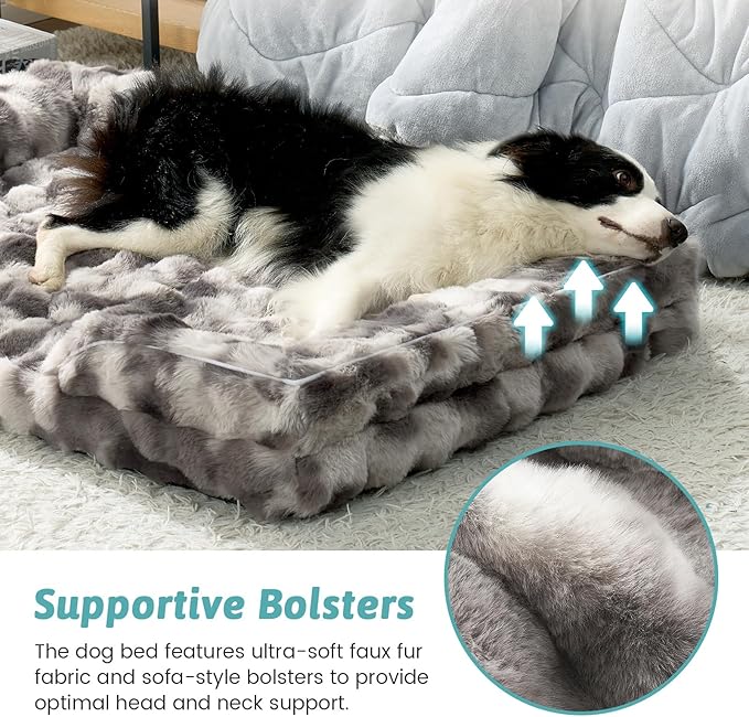 COZY KISS Orthopedic Dog Bed for Extra Large Dog, Soft and Warm Faux Fur Sofa for Giant Pet Up to 150 lbs, Foam Bolster Anti-Slip Couch with Washable Removable Cover, XXL 48x35x8 inch, Tie Dye Grey