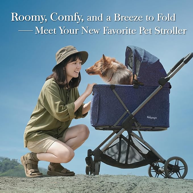 ibiyaya Maxi Deep Carriage Pet Stroller for Cats and Small Dogs – Flat-Free Rubber Wheels, One-Hand Fold, Extra-Tall Cabin (Royal Blue)