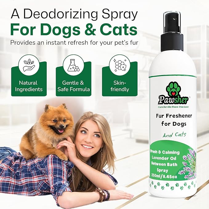 Pawsher Dog Perfume Spray Long Lasting, Refreshing & Calming Lavender Scent for in Between Baths, Odor Eliminating for Dogs & Cats, Dog Cologne & Deodorizer Perfume, 8.45 oz