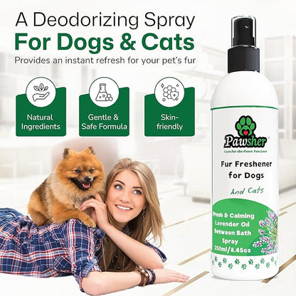 Pawsher Dog Perfume Spray Long Lasting, Refreshing & Calming Lavender Scent for in Between Baths, Odor Eliminating for Dogs & Cats, Dog Cologne & Deodorizer Perfume, 8.45 oz