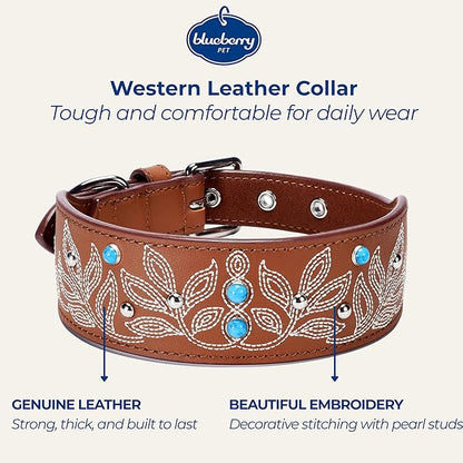 Blueberry Pet Genuine Leather Dog Collar - Western-Inspired Brown Leather Dog Collar for Large Dogs with Floral Embroidery & Turquoise Studs, 18-22 Inch Adjustable & Durable for City Pet Owners