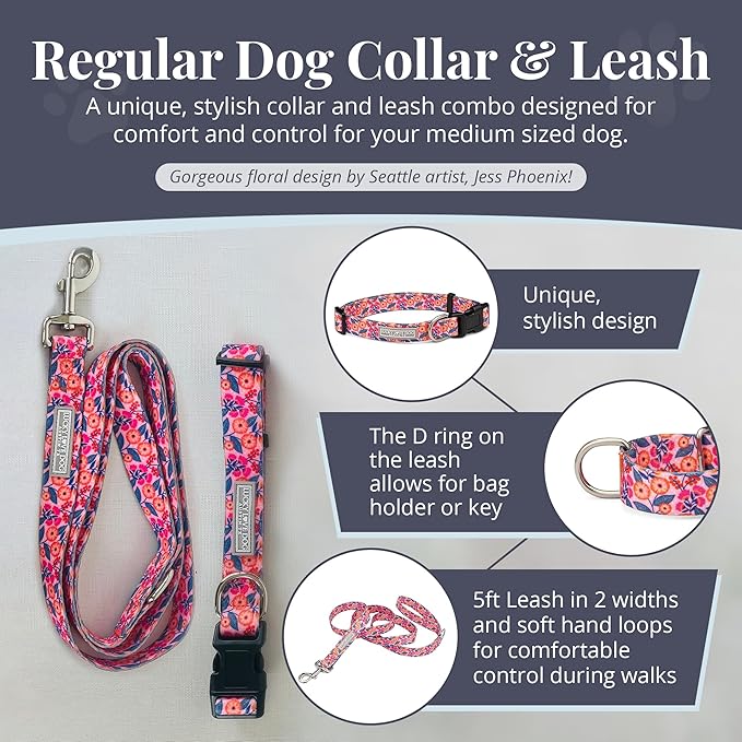 Lucky Love Dog - Easy Click Buckle Dog Collar with Leash Set Combo, Durable & Comfortable for Male & Female Dogs, Pet Collar for Medium Dogs, Secure Fit - Floral Rosie Combo, Medium