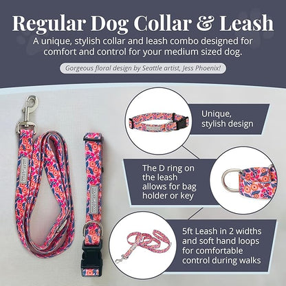 Lucky Love Dog - Easy Click Buckle Dog Collar with Leash Set Combo, Durable & Comfortable for Male & Female Dogs, Pet Collar for Medium Dogs, Secure Fit - Floral Rosie Combo, Medium
