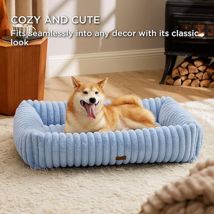 Bedsure ComfyFleece Washable Dog Bed for Medium Dogs - Cute Furry Puppy Beds, Rectangle Orthopedic Corduroy Fleece Pet Beds with Removable Zipper Cover, 30x24x8inches, Blue