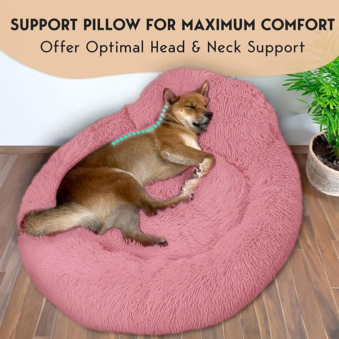 PetJett Calming Medium Dog Bed - 30'' Round Dog Beds, Anti-Slip & Washable Super Soft Fluffy Plush Donut Bed, Anti-Anxiety Premium Comfort Pet Bed, Fits Dogs up to 45 lbs - Pink