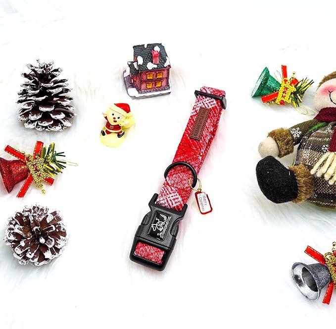 Elegant little tail Christmas Dog Collar, Pet Dog Collar Cotton Soft Red Plaid Winter Pet Collars Holiday with Quick Release Buckle Puppy Collar for Small Puppy