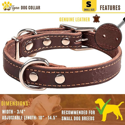 Heavy Duty Leather Dog Collar for Small Dogs - Soft and Strong Dog Collar for Puppy (Small: Fit 10" - 14.5" Neck, Brown)