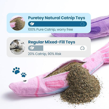 PURETOY Catnip Toys, [9000mg] Extra Large Cat Toys for Indoor Cats, 100% Natural North American Catnip Floppy Fish, Crinkle Sound, Soft Cotton-Free Surface for Chewing, Teething & Kicking
